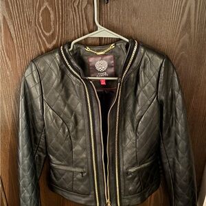 Black Quilted Leather Jacket with Gold Accents